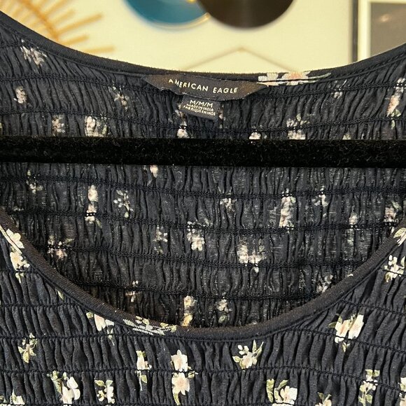 American Eagle Dark Grey Black with Floral Smocked Peplum Long Sleeve - Size M - Picture 5 of 8